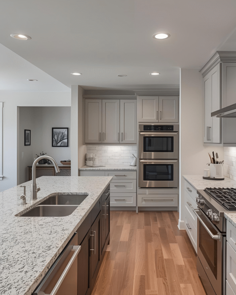 A modern kitchen with visible spot lights in the ceiling