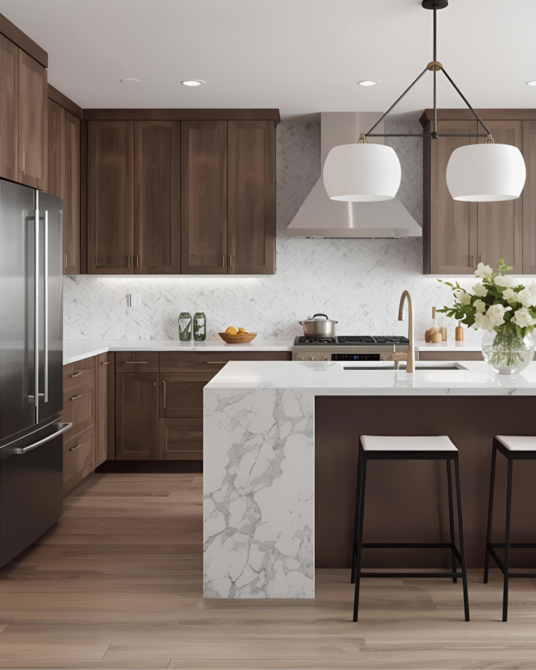 an elegant kitchen with feature lighting over an island