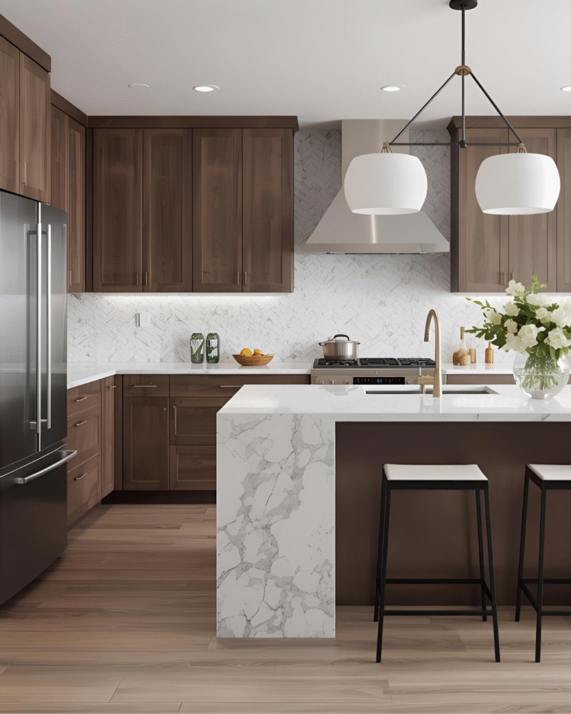 an elegant kitchen with feature lighting over an island