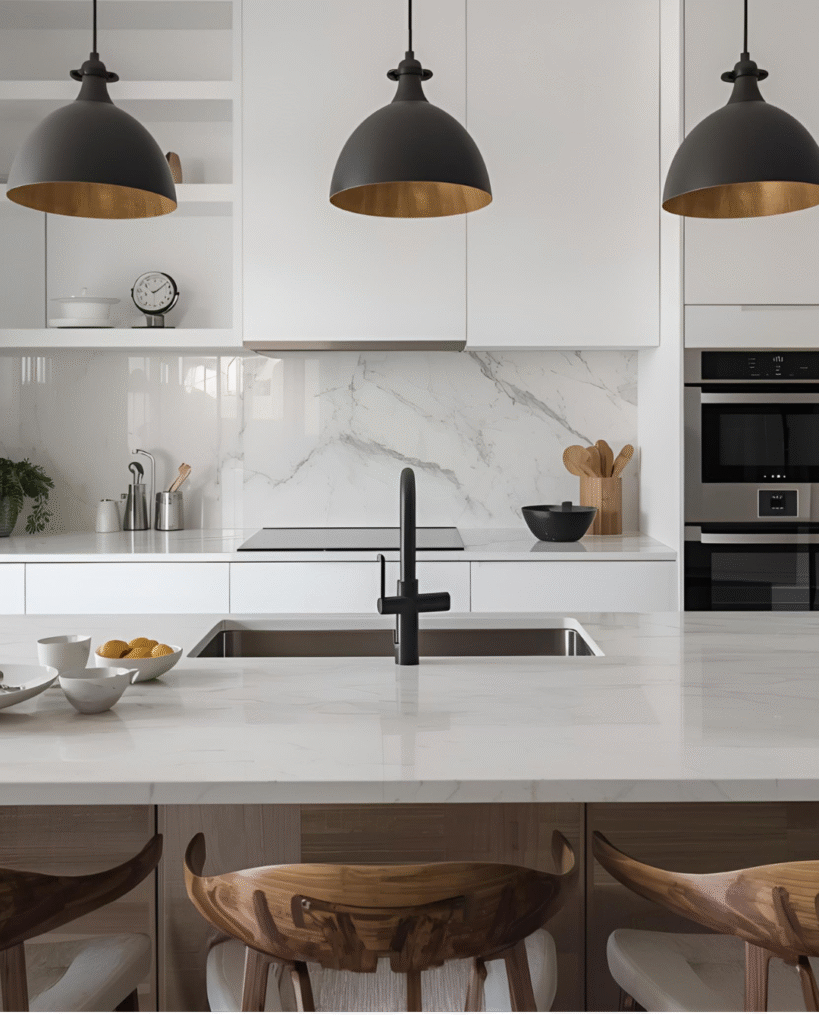A modern stylish kitchen with bold feature lighting over a solid surface island