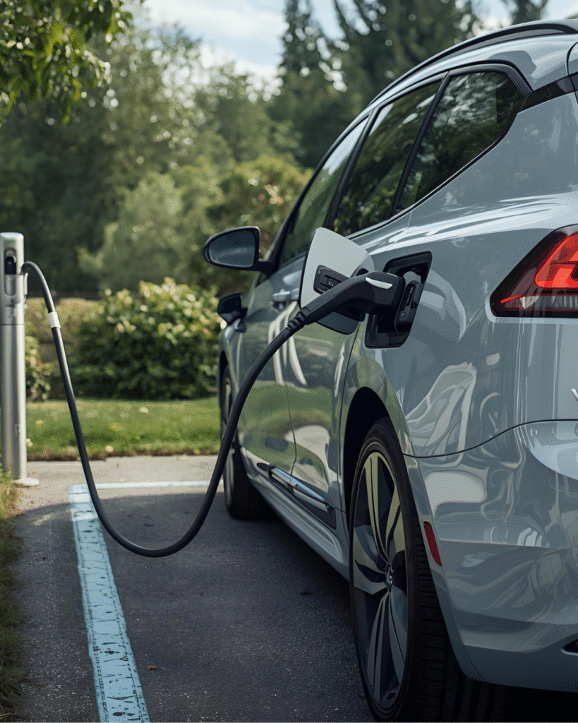 an EV charger attached to a new shiny car