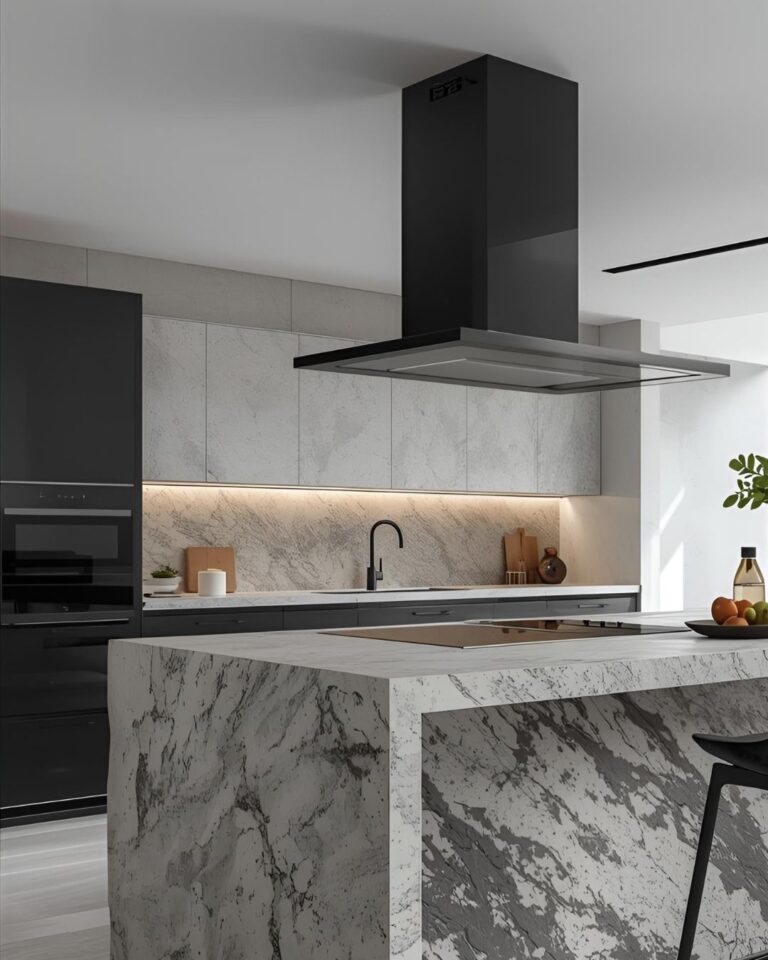 stone worktop kitchen in Brighton and Hove with LED lighting